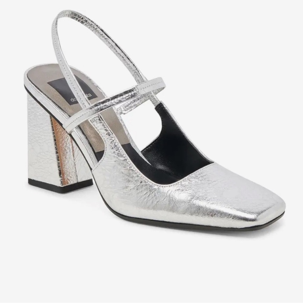 Dolce Vita Soyer Silver Distressed Leather Block Heel Slingbacks New in Box